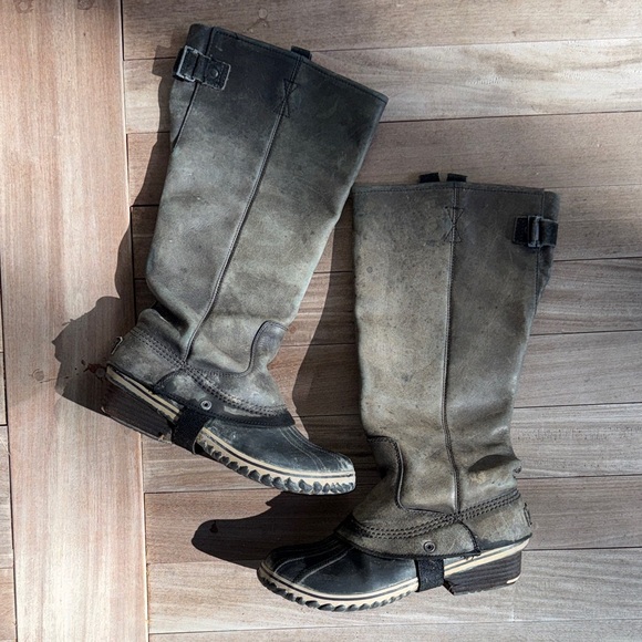 Sorel Shoes - Sorel Slimpack Tall Gray Leather riding Boots women’s size 10